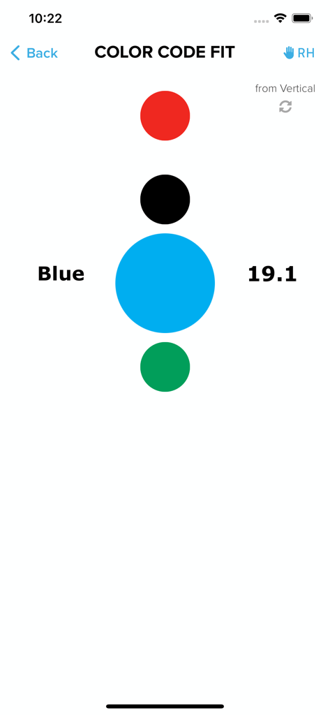 iPING app color code fit interface showing a blue dot and measurement for golf club fitting