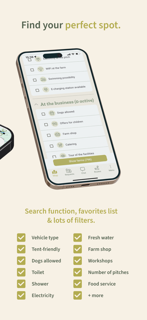 A smartphone showing search filters for farm camping locations including options for farm shops and dog friendly pitches
