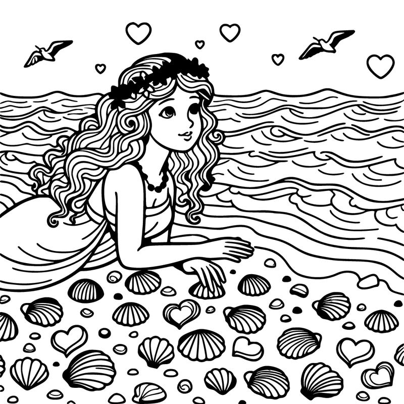 aphrodite on the beach, with the beach covered in heart-shaped seashells. ocean waves lap at the shore.
