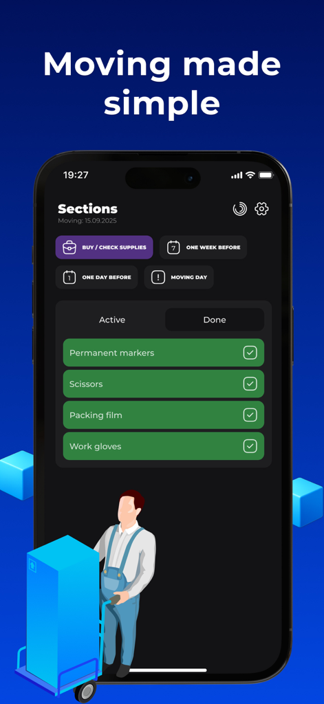My PосkеtОptiоn : Smart list - Interface de aplicativo móvel para um checklist de suprimentos de mudança com tarefas concluídas
