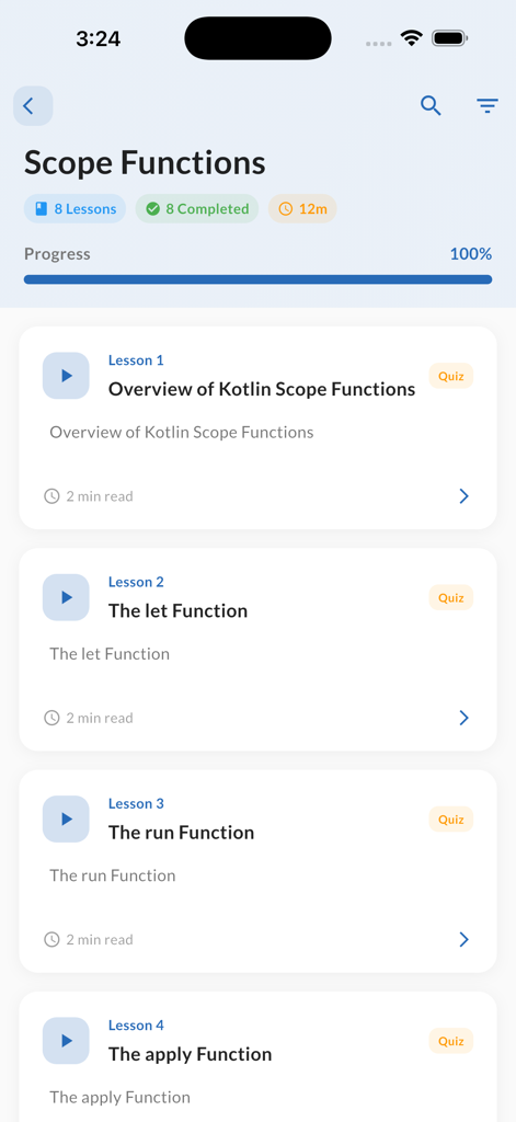 Learn Kotlin Coding With AI - Tela do aplicativo mostrando uma lista de lições de funções de escopo Kotlin e barra de progresso concluída