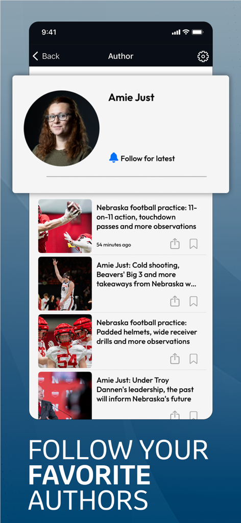 Journal Star - A screenshot of the Lincoln Journal Star app showing an author profile page for Amie Just with a list of sports articles and a follow button.