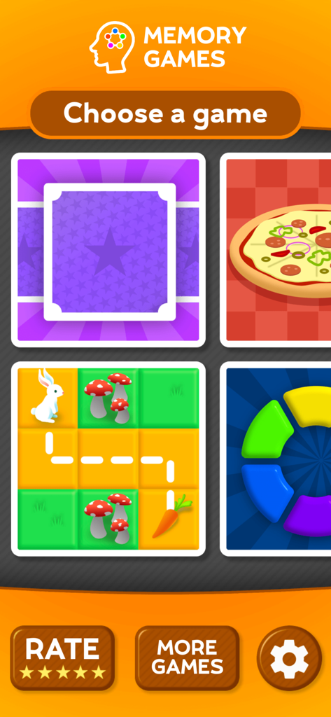 Main menu screen of the memory training app showing four different cognitive game options for seniors