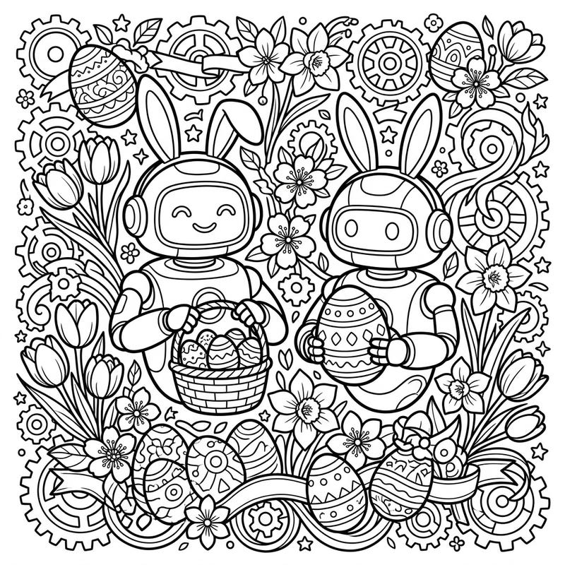 Step into a whimsical world where medical robots celebrate Easter! This delightful coloring page features two charming robots, complete with bunny ears, ready to share festive eggs amidst a blossoming spring backdrop.
