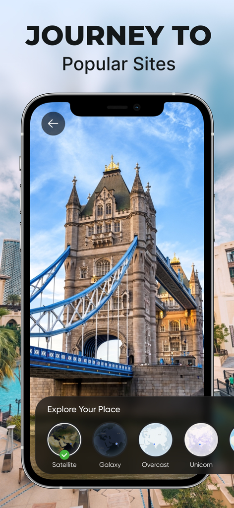 Earth Map 3D - Street View Map - Earth Map 3D app displaying a high-quality street view of Tower Bridge in London