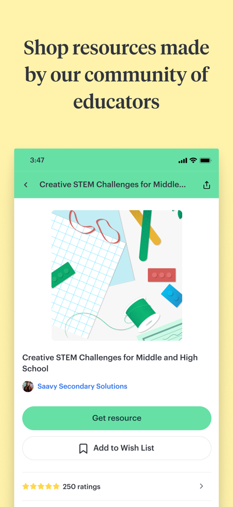 TPT (Teachers Pay Teachers) - TPT app screen displaying a creative STEM challenges resource for middle and high school teachers