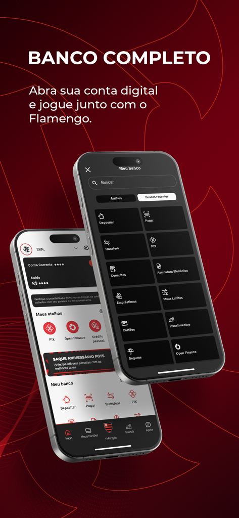 Nação BRB FLA: Banco da Nação - Nacao BRB FLA digital banking app interface showing account features on two mobile phones
