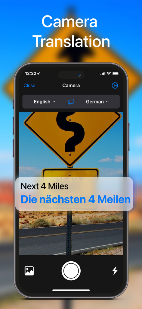 Interfaz de aplicación móvil que muestra la traducción por cámara de una señal de tráfico del inglés al alemán