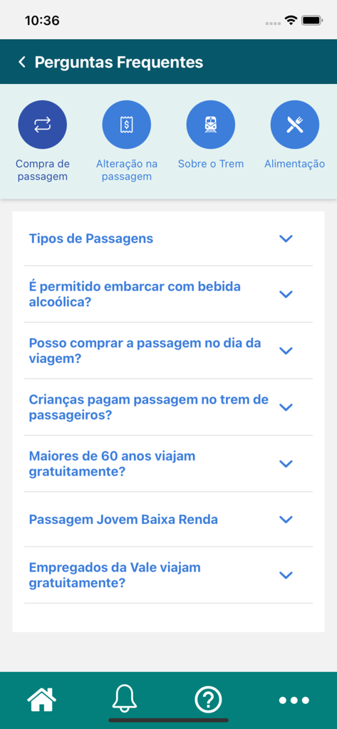 TREM DE PASSAGEIROS - Tela de Perguntas Frequentes do aplicativo TREM DE PASSAGEIROS mostrando categorias de viagens e passagens