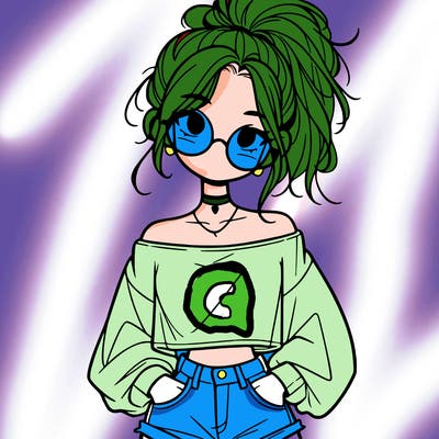 girl with a messy ponytail glasses a baggy crop top and jean shorts