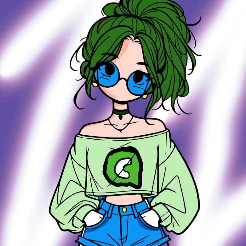 girl with a messy ponytail glasses a baggy crop top and jean shorts