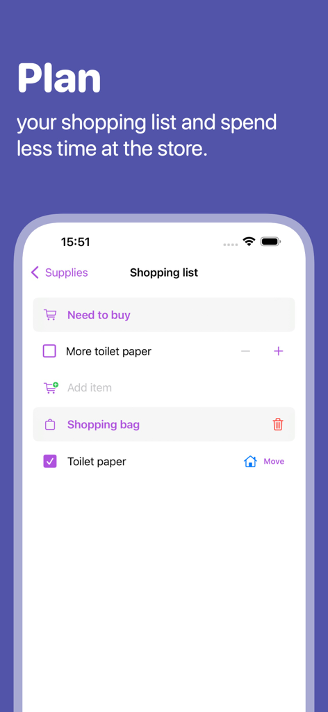 Supplies - home inventory app - Shopping list interface of the Supplies app showing items to buy and items in the shopping bag