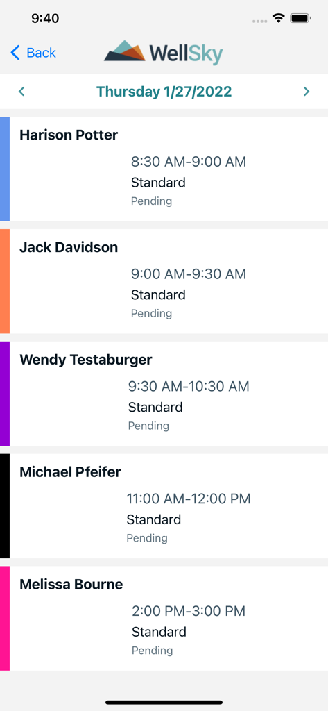 WellSky Resource Manager mobile app showing a daily schedule of patient appointments for healthcare professionals.