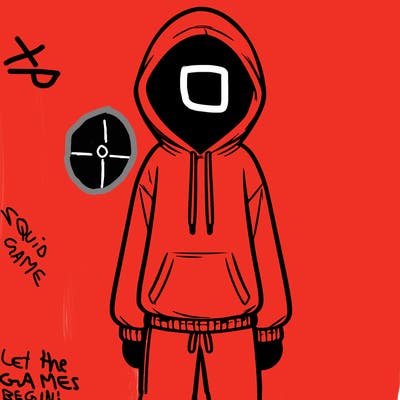 faceless girl in a tracksuit with a hood on and no hair