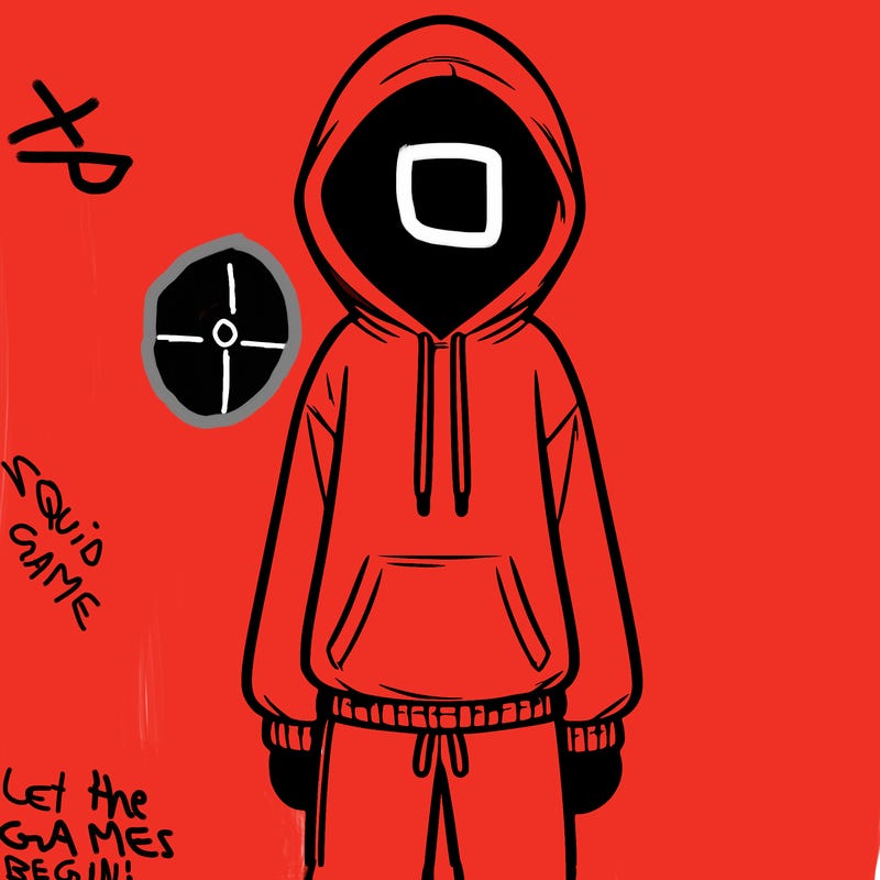 faceless girl in a tracksuit with a hood on and no hair