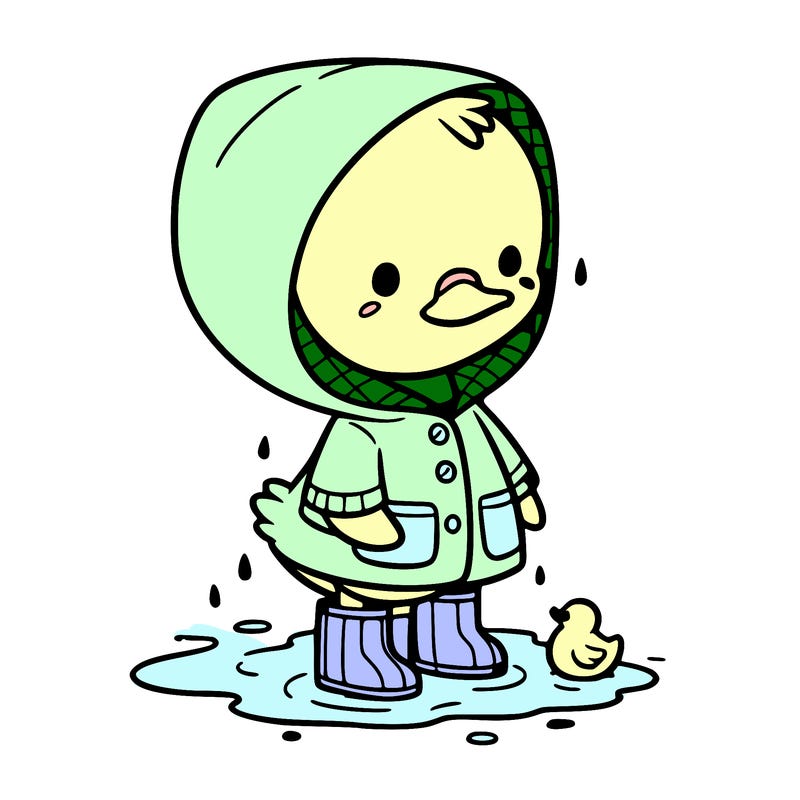 baby duck in a rain coat and boots, in a puddle while it’s raining
