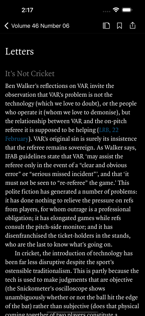 Dark mode reading interface of the London Review of Books app showing a letter titled Its Not Cricket