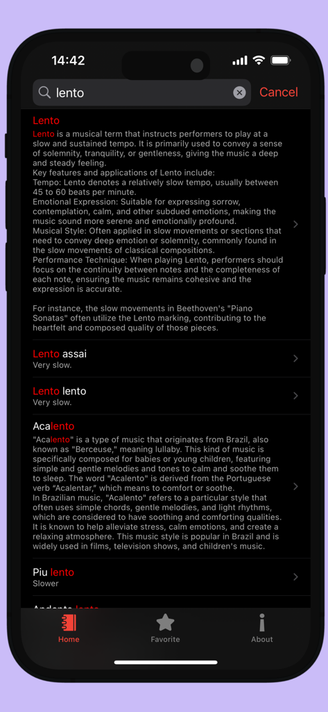 Music Dictionary - Music Terms - Search results for the musical term Lento in the Music Dictionary app showing detailed definitions and related terminology.
