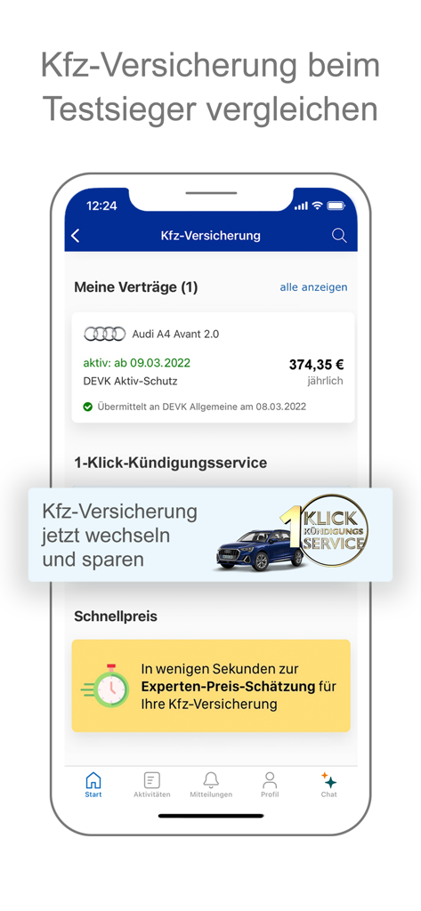CHECK24 - Mobile app interface of CHECK24 showing car insurance comparison and contract management