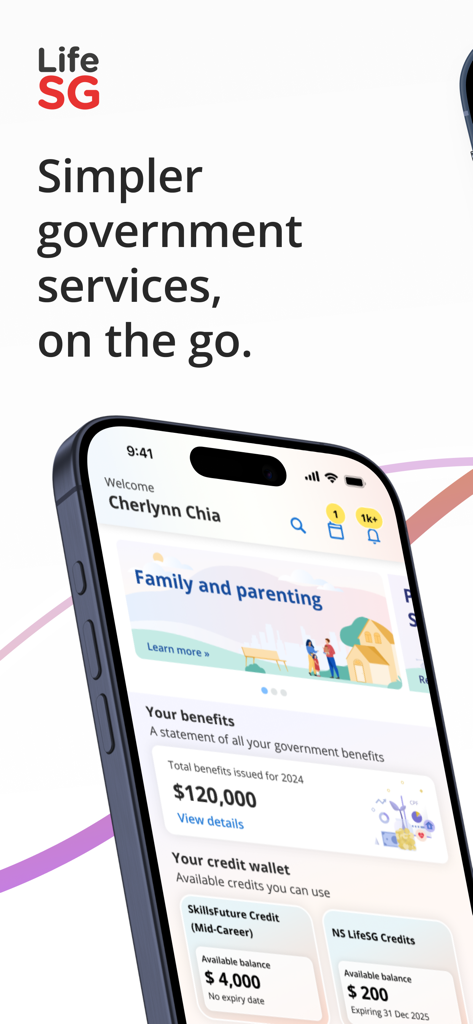 LifeSG App-Oberfläche auf einem Smartphone-Bildschirm, die staatliche Leistungen und ein Guthaben-Wallet-Dashboard zeigt.