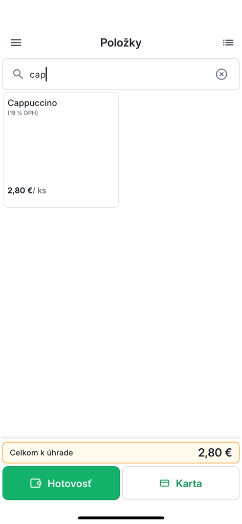 EasyKasa - EasyKasa mobile POS interface displaying a cappuccino order with cash and card payment options