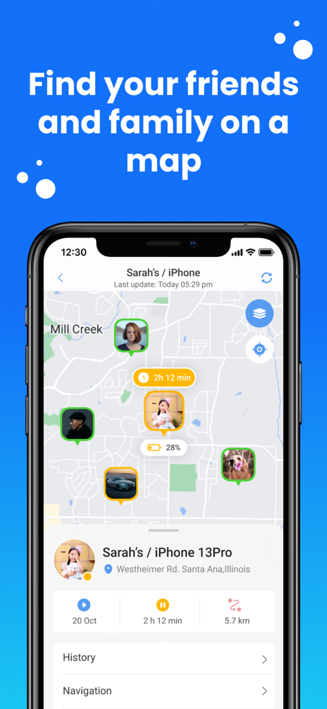 NaviMax - Location sharing - Interface of NaviMax app showing real-time location tracking for family members, a car, and a dog on a map.