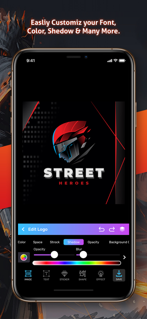 Logo Maker Esport Gaming Logo - Smartphone-Bildschirm, der die Anpassungsoberfläche einer Esport-Logo-Maker-App mit Optionen für Schatten und Farben auf einem Maskottchen-Logo zeigt.