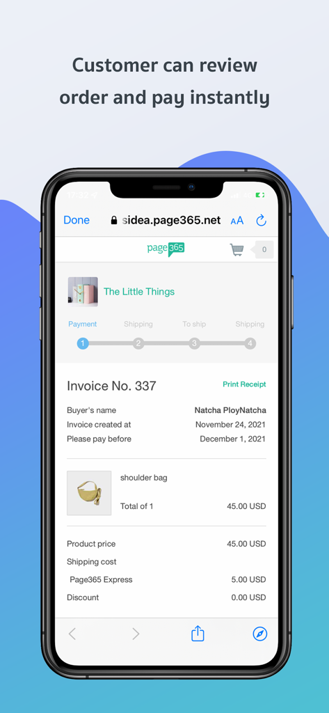 Mobile screen showing a customer order invoice and payment options in the Page365 app
