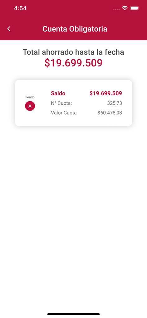 Captura de pantalla de la aplicación AFP Habitat Chile que muestra el saldo de la cuenta de pensión obligatoria y detalles del Fondo A.