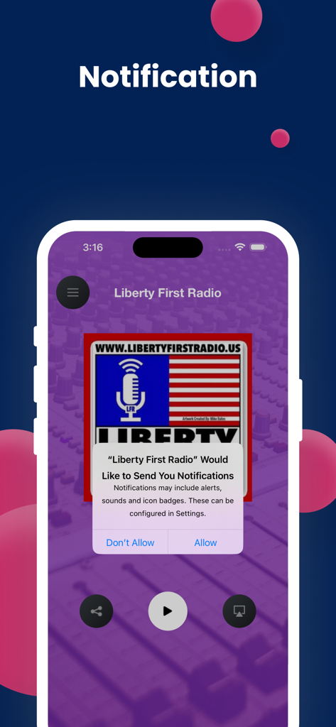 Liberty First Radio - Liberty First Radio mobile app showing a system notification prompt on an iPhone screen