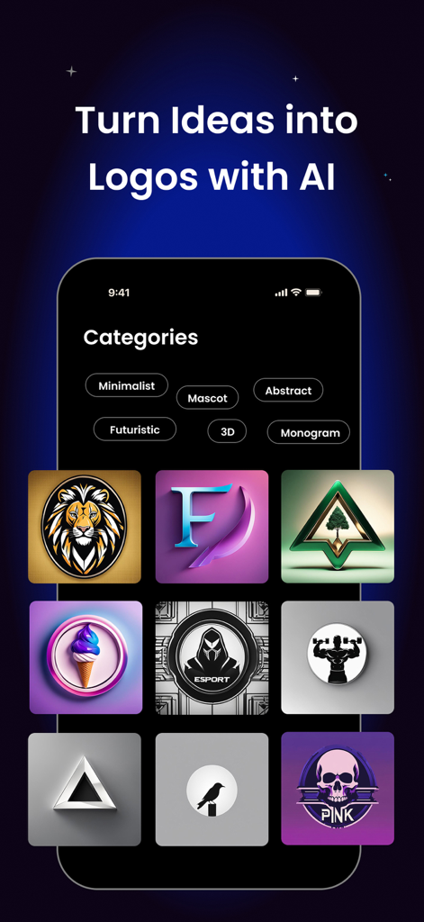 미니멀리스트 및 마스코트와 같은 다양한 AI 생성 로고 템플릿과 스타일 카테고리를 보여주는 모바일 앱 화면