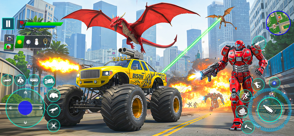 Robot Games - Mech War Games - Action gameplay from Robot Mech War Games featuring a red robot and a yellow monster truck in a city battle