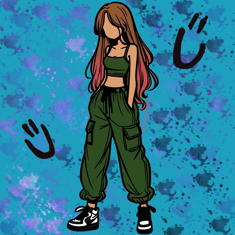 girl in baggy pants crop top and long hair