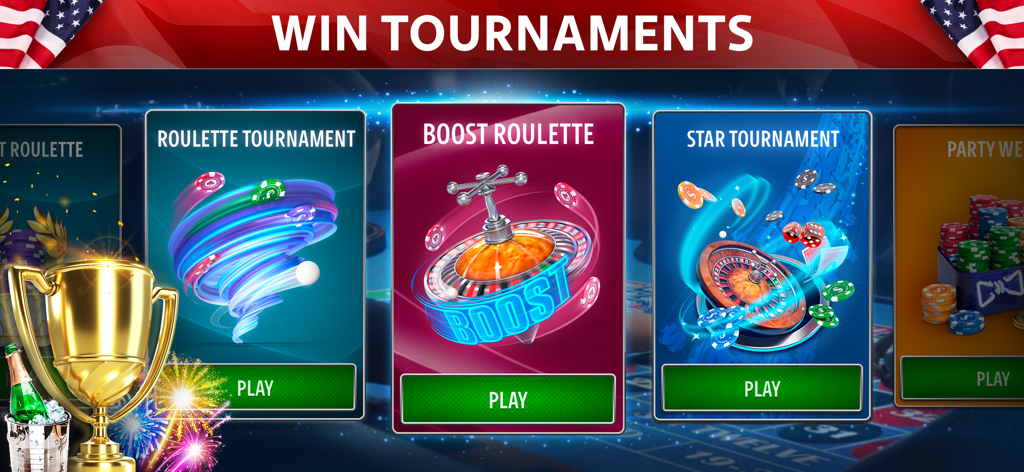 ルーレット〜アプリのトーナメント選択画面、さまざまなルーレットゲームモードと金色のトロフィーが表示されています