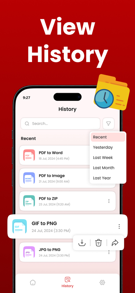 PDF 변환기 모바일 앱의 기록 탭에 표시된 최근 파일 변환 목록