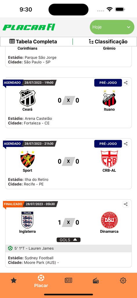 Placar FI - Futebol Interior - Captura de pantalla de la aplicación móvil Placar FI que muestra resultados de fútbol en vivo y horarios de partidos próximos