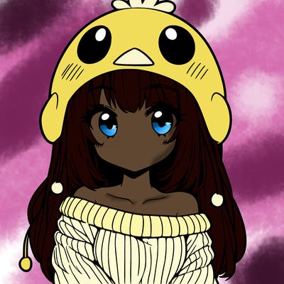 anime girl with chick shaped hat with sweater with bare shoulders with bangs covering them one eye with low tail