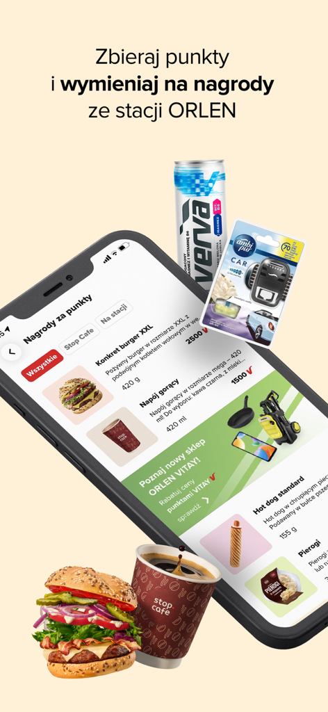 Smartphone showing the ORLEN VITAY app rewards catalog with food items and automotive products available for points