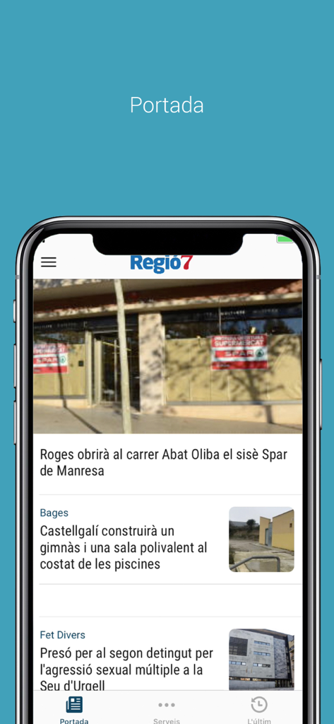 Regio7 app homepage showing local Catalan news headlines