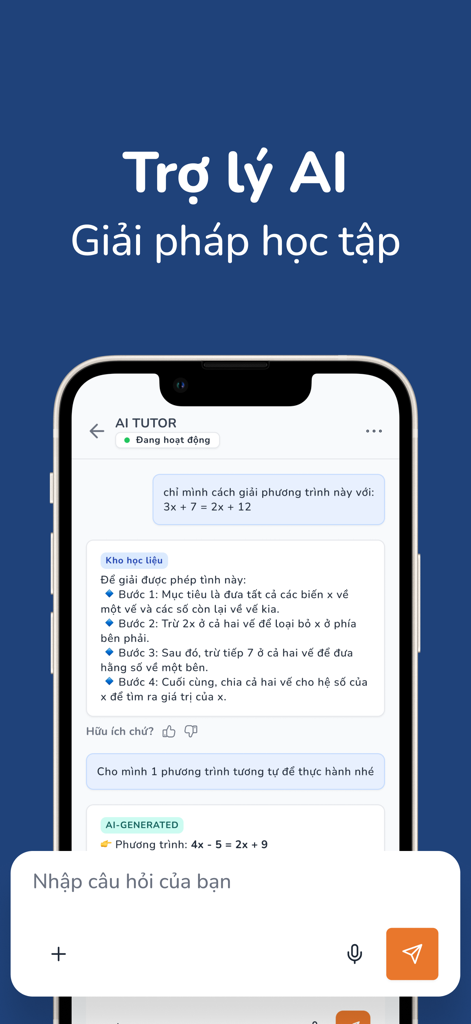 AI Tutor - AI Tutor app interface showing a step-by-step solution for an algebra equation in a chat bubble.