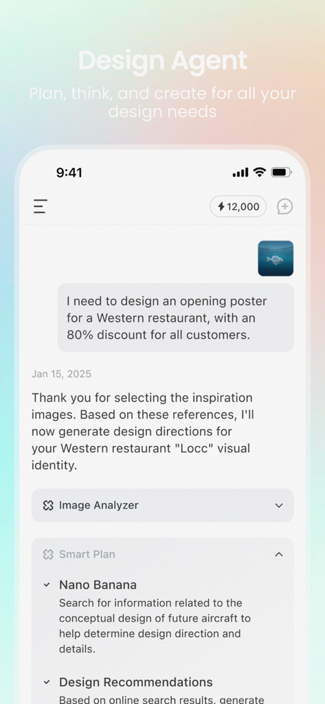 Lovart - Interface de chat do aplicativo Lovart mostrando um agente de design IA planejando um pôster de restaurante