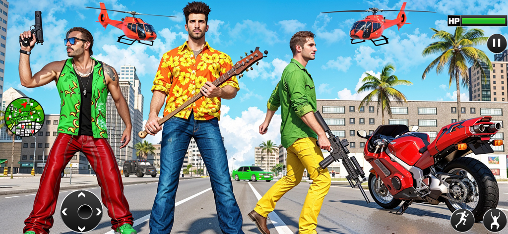 Action scene featuring three gangsters with weapons a red motorcycle and helicopters in a sunny urban city environment