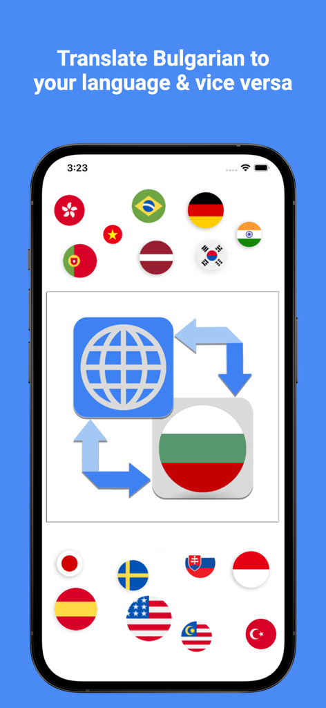 Pantalla de smartphone de la aplicación Bulgarian Translator Pro mostrando traducción entre búlgaro y varios idiomas mundiales representados por banderas