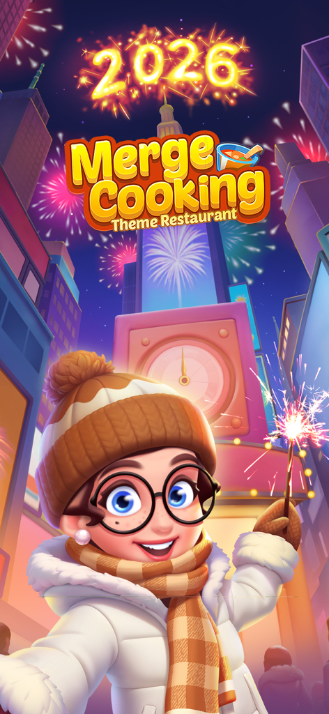 Merge Cooking® - Character from Merge Cooking game celebrating New Year 2026 with a sparkler and fireworks in a city setting.