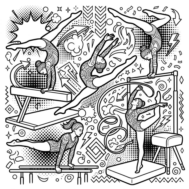 Dive into the vibrant world of gymnastics with this unique Pop Art coloring page for adults. Featuring athletes in dynamic poses amidst bold graphic elements, it promises hours of creative, stress-relieving fun.