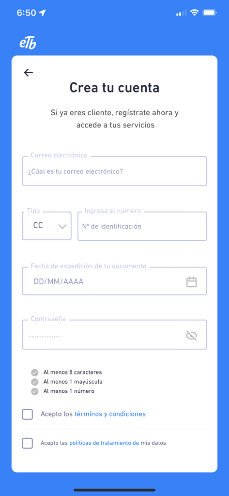 Registration screen for the Mi ETB app featuring an account creation form in Spanish.
