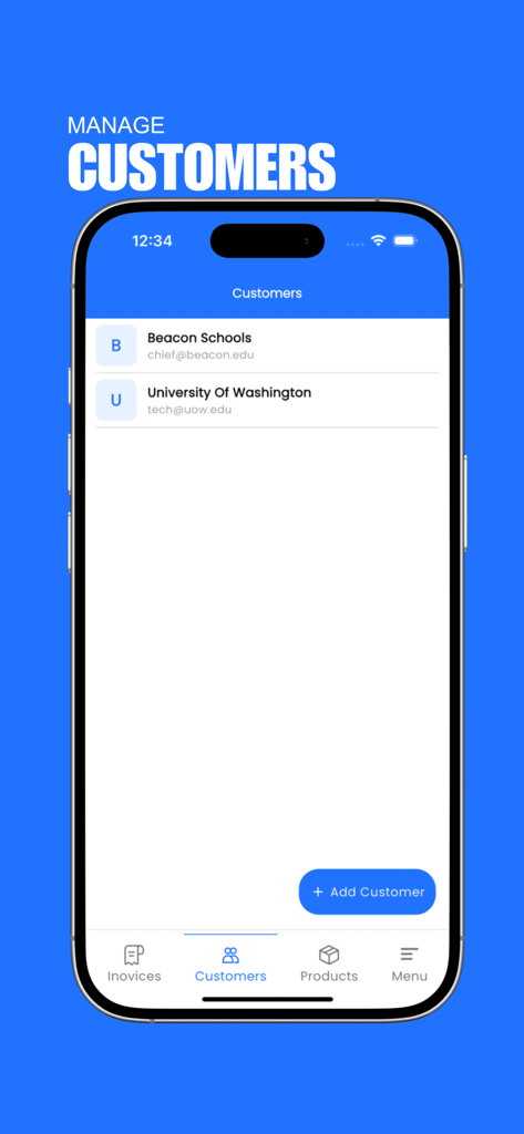 Captura de tela da tela de gerenciamento de clientes no aplicativo Fatura Profissional e Gestor mostrando uma lista de clientes em um iPhone.