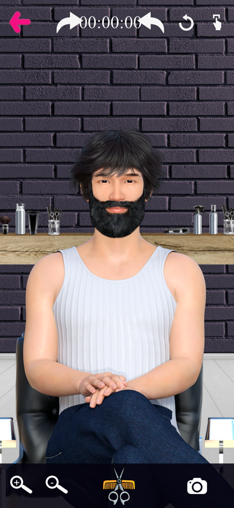 An Asian male character sitting in a barber chair within the Barber Chop app interface.