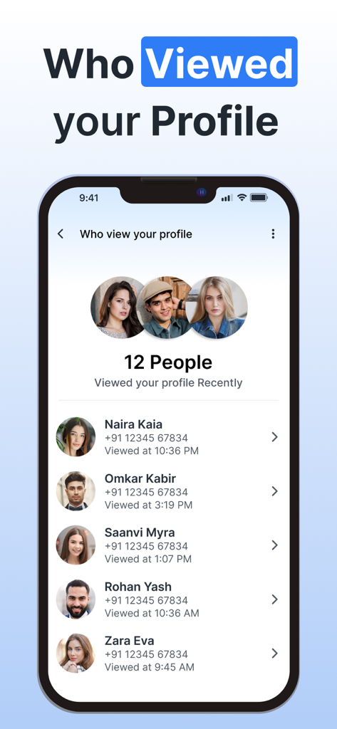Show Caller ID & Spam Blocker - Una pantalla móvil que muestra una lista de personas que vieron recientemente el perfil del usuario con nombres y fotos