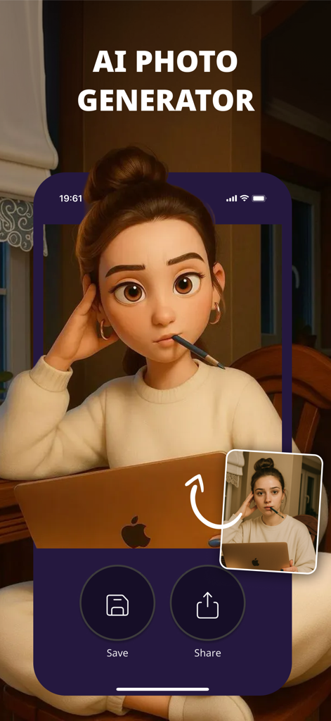 Interfaz del generador de fotos de IA que muestra la foto de una mujer transformada en un avatar de dibujo animado estilizado con opciones para guardar y compartir